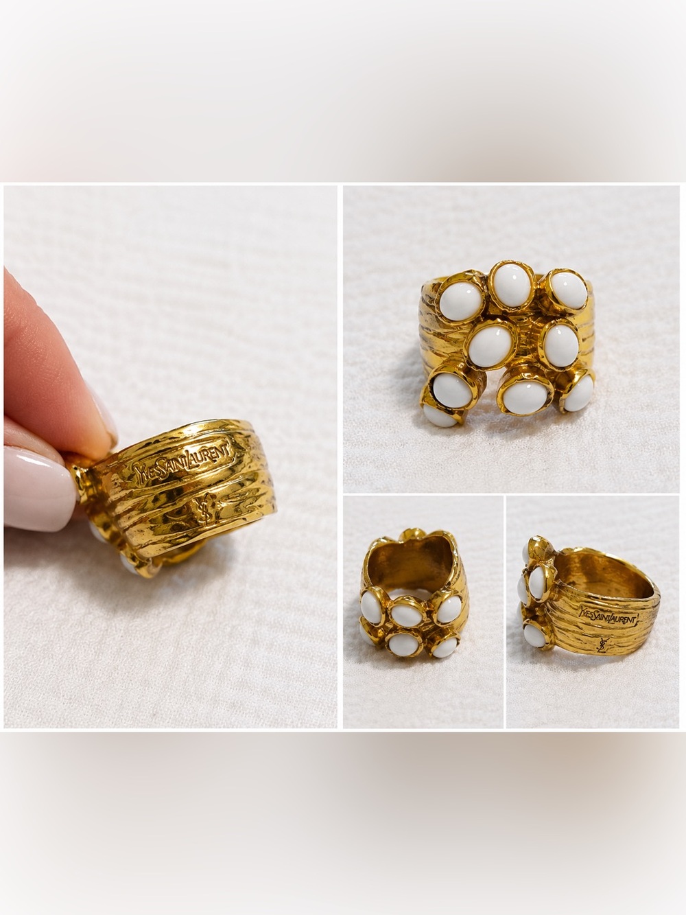 Yves Saint Laurent Gold Tone Ring with White Enamel Accents